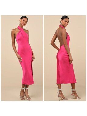 Lulus Beyond Classy Hot Pink Satin Halter Midi Dress with Slit Size XS NEW NWT